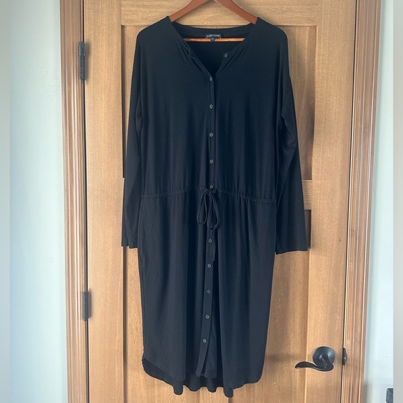Eileen Fisher Black Jersey Button-Front Drawstring Waist Dress Large​​ - Picture 3 of 14